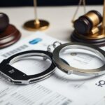 algemas, balança da justiça e um martelo de juiz sobre documentos