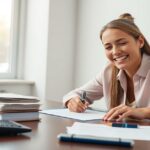 uma pessoa sobre a mesa com documentos e sorrindo