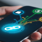 Uma mão segurando um smartphone com um ícone de link na tela. O link se estende e se ramifica em várias direções, se conectando a diferentes ícones (uma sacola de compras, um cifrão e um gráfico de crescimento).