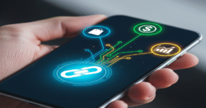 Uma mão segurando um smartphone com um ícone de link na tela. O link se estende e se ramifica em várias direções, se conectando a diferentes ícones (uma sacola de compras, um cifrão e um gráfico de crescimento).