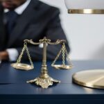 Um advogado de fundo e uma balança da justiça a frente