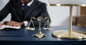 Um advogado de fundo e uma balança da justiça a frente